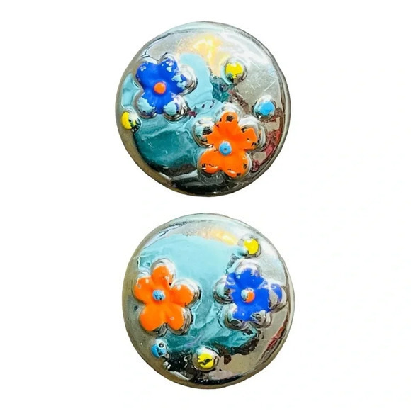 Painted Silver Floral Circle Button Earrings Vintage‎ Orange Yellow Blue Posts - Picture 2 of 5